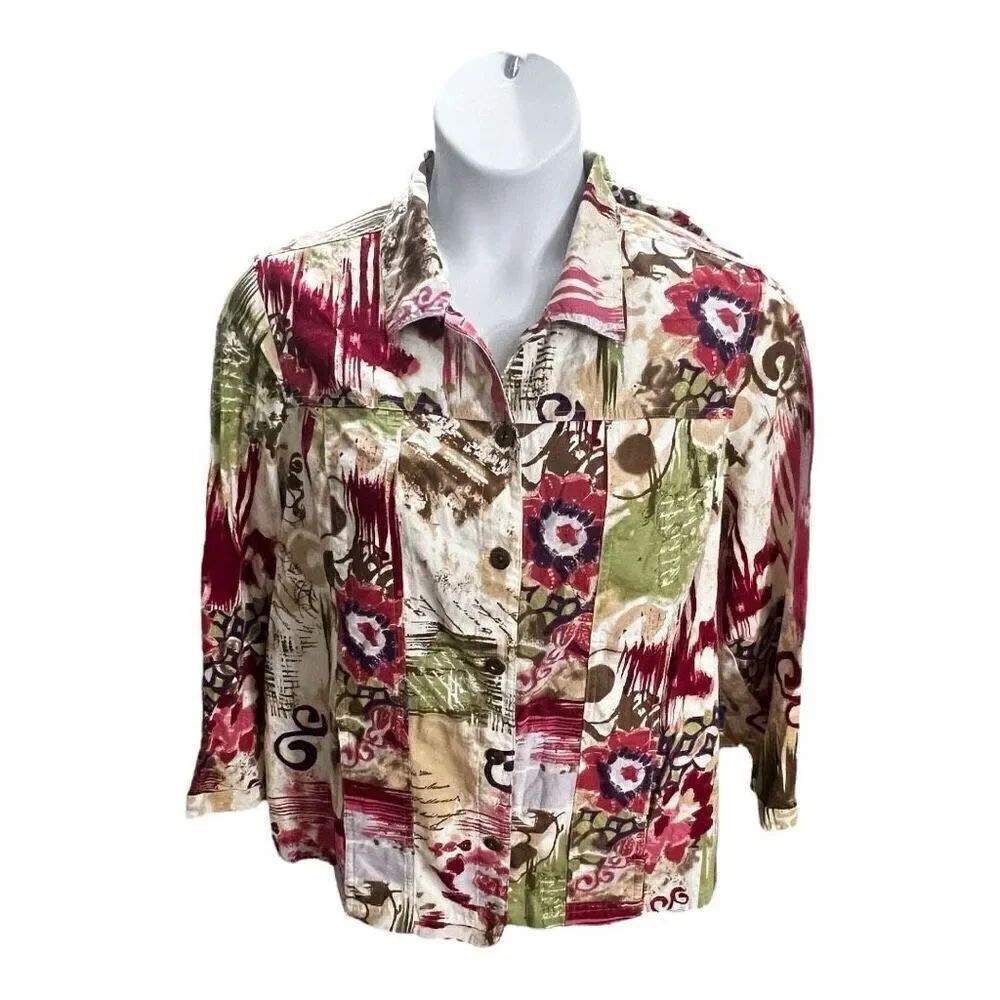 CJ Banks Jacket Plus Size 1X Floral Linen Cotton Blend Red Brown Button Pockets